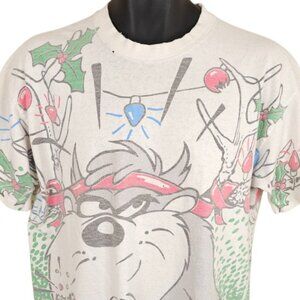 Vintage Taz Looney Tunes T Shirt Mens Size Large White 90s Christmas All Over